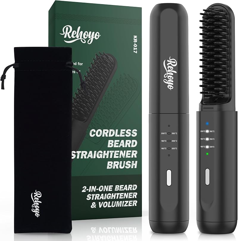 REHOYO Cordless Beard Straightener Brush Rechargeable 3 Temp Portable Men