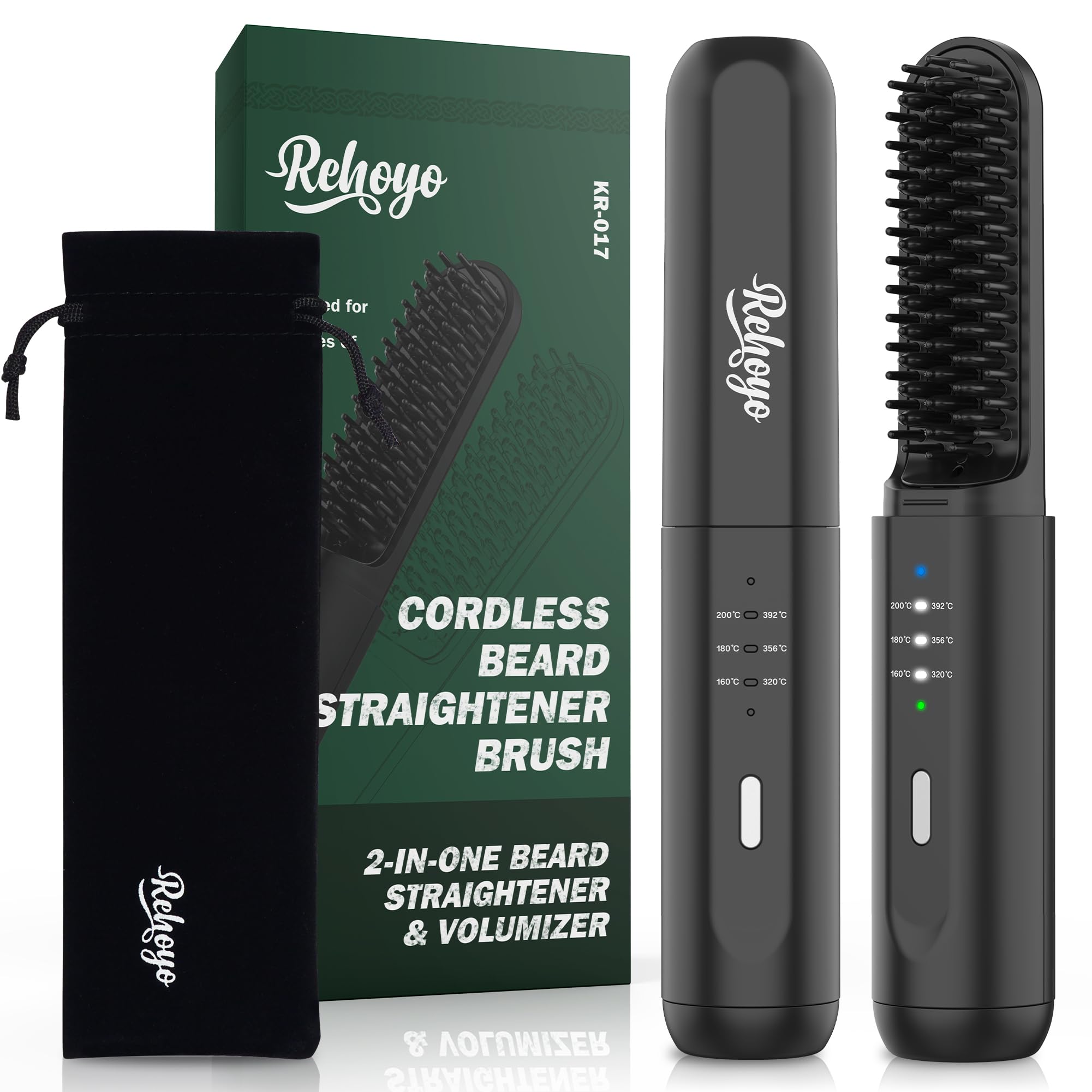 Beard Straightener Brush, REHOYO Cordless Straightening Comb with Different 3 Temperature, Rechargeable Anti-Scald and Auto-Off of Portable Salon for All Type