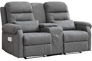 ZRNINR Home Theater Seating, Loveseat Reclining Sofa, RV Recliner Sofa Couch, Manual Double Seater Recliner with Center Console, Recliner Sofa with Cup Holders for Living Room, Gray
