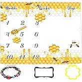 LYLYCTY Baby Monthly Milestone Blanket xfor 1 to 12 Months Baby, Honeycomb Cartoon Bee Background for Baby Pictures Personalized, Includes Wreath and Frame 60"x40" BTQQLY447
