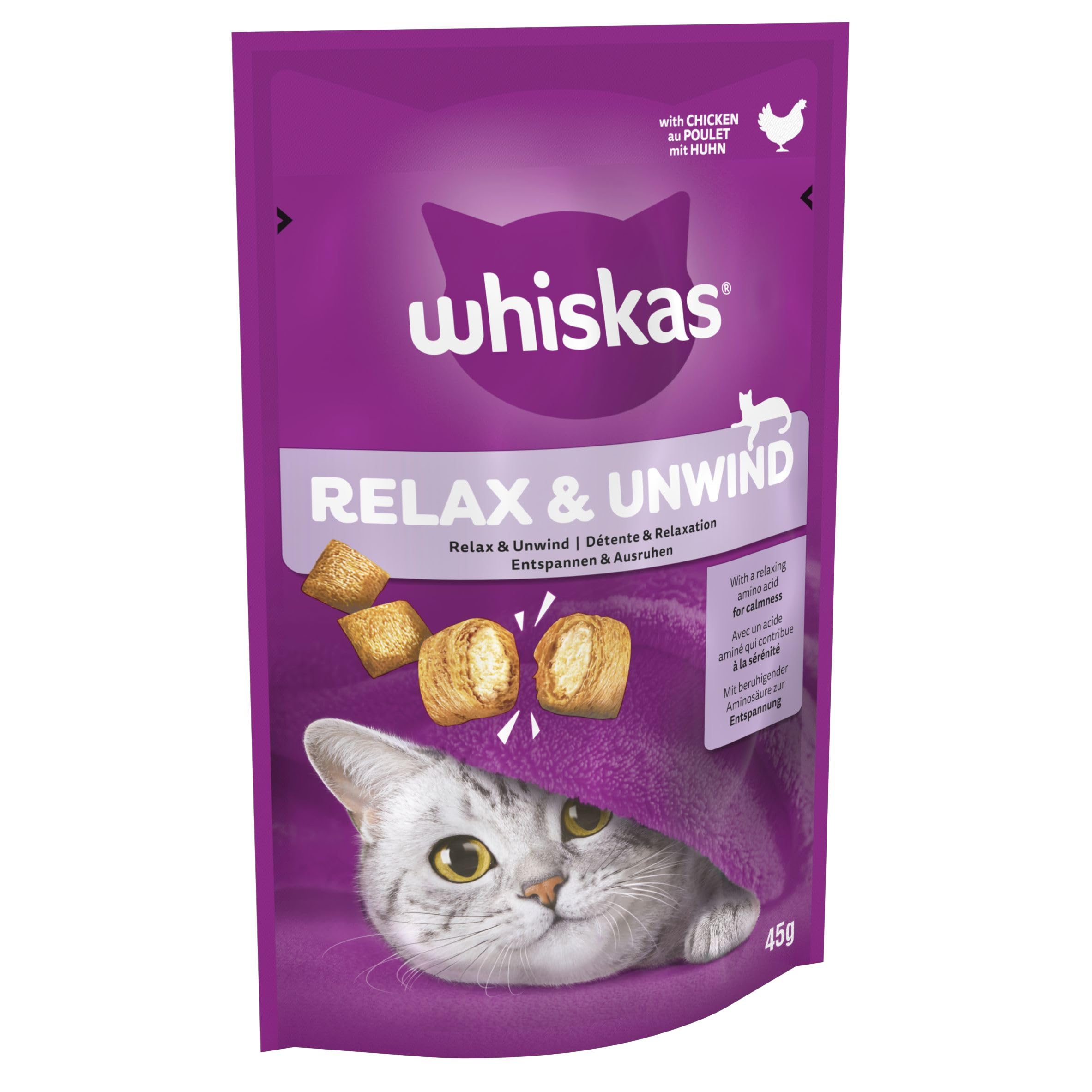 Whiskas Relax and Unwind - Cat Treats - Small Bite Size Snacks with Chicken Filling - 8 x 45 g