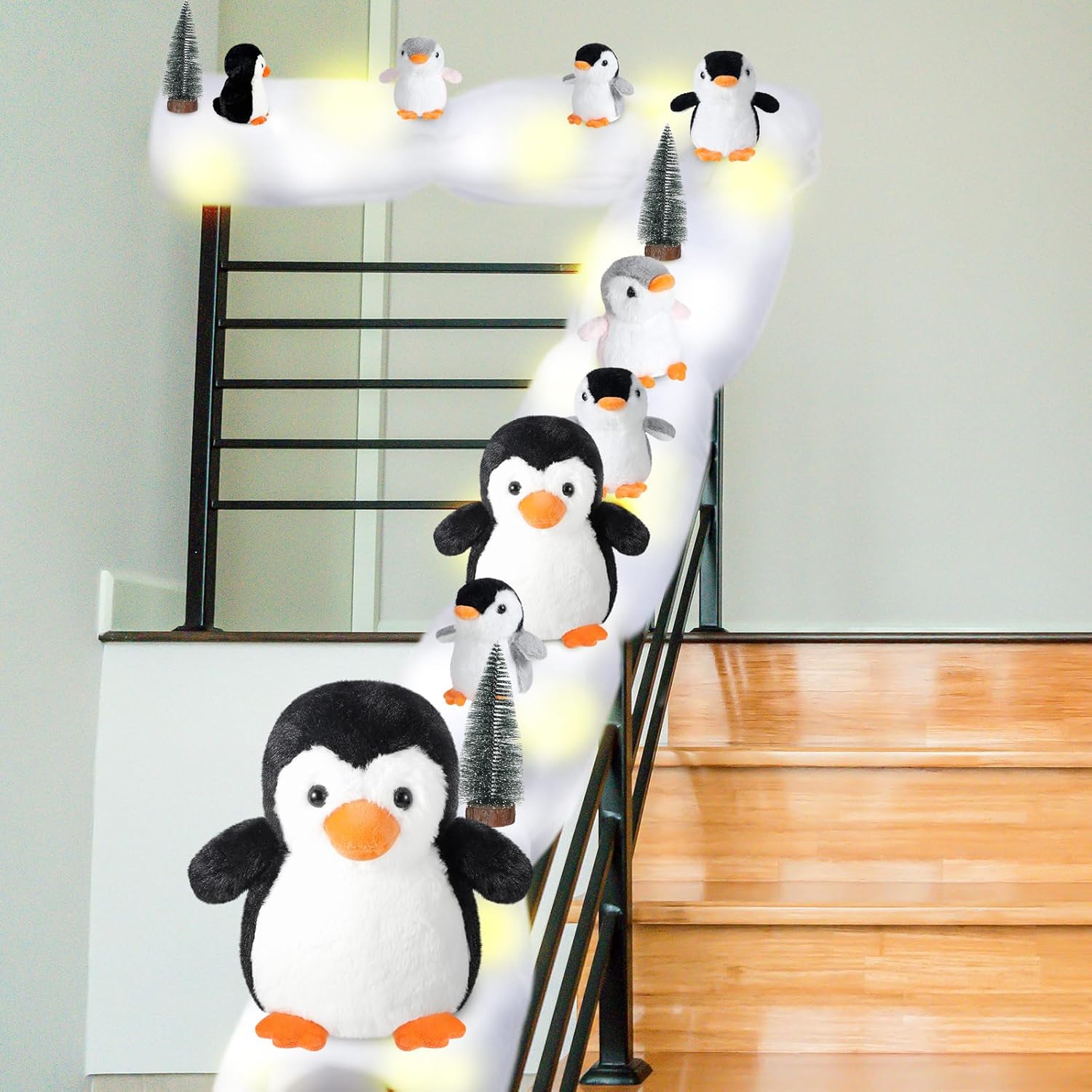 Artificial Snow - 12 Pcs Lighted Christmas Penguin Stairway Holiday Decor Holiday Snow Surfing Set Christmas Banister Decoration Xmas Stairs Decor Sliding Penguin with Rope Snow Handrail Wrap and Light String