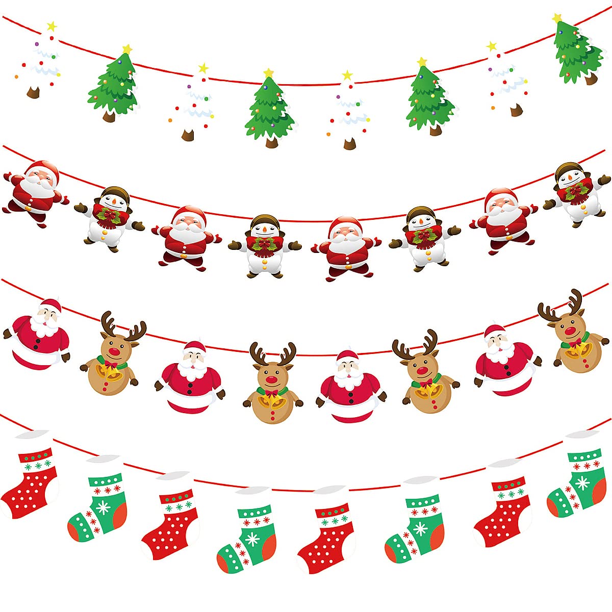 Leikedun Reusable Hanging Bunting Garland - 4 Pack Paper Hanging Bunting Decorations - Santa Claus & Reindeer Xmas Decorations for Christmas Party & Fireplace