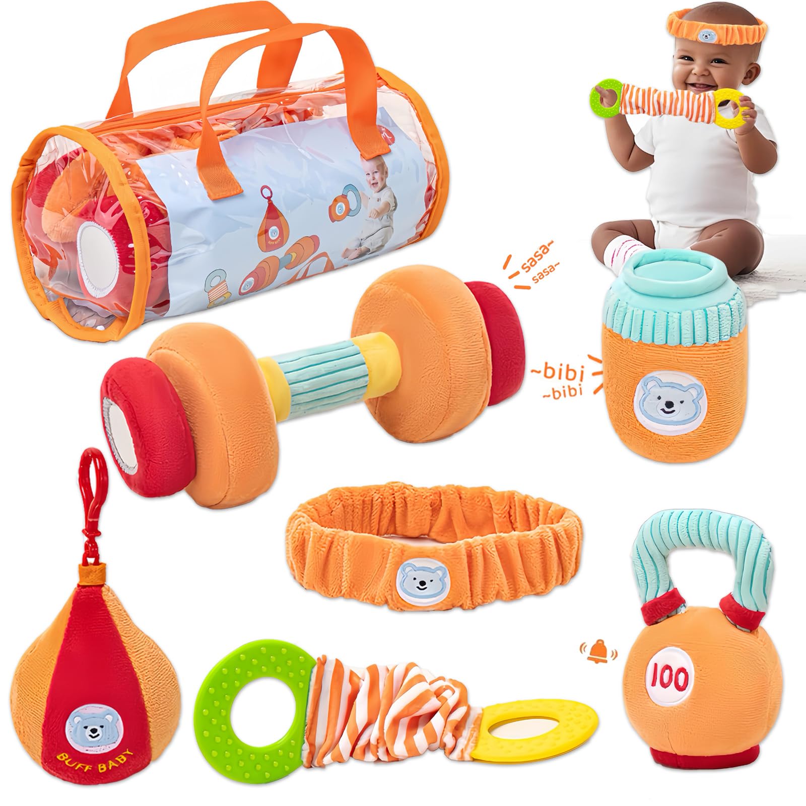 Gdbykds Rattle Gym Plush 6 Piece Set 0-12 Months Baby Toys - Fitness Themed Sensory Rattle Set - Sensory Toys for Babies with Dumbbell/CarryBag/Sandbag/Kettlebell/Tensioner/Sports Headband Baby Gym