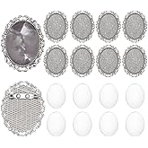 PH PandaHall 10 Sets Brooch Cabochon Vintage Oval Cabochon Bezel Antique Silver Photo Brooch Blank Bezel with Clear Glass Cabochon Dome Memorial Photo Pins for Jewelry Making DIY Findings 51x40 mm