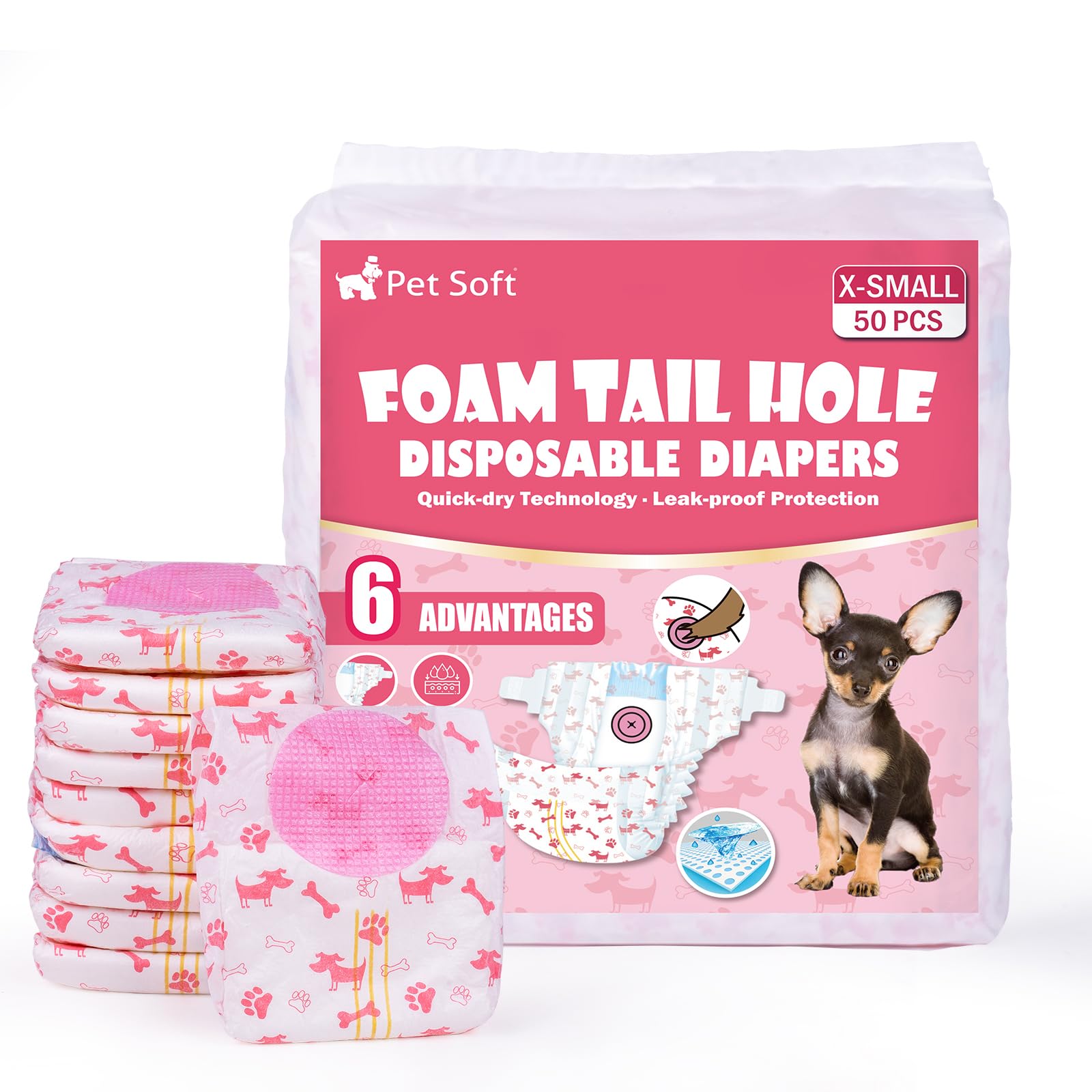 Pet Soft Dog Nappies Female, 50 Count Disposable Dog Pants Female Xsmall, Super Absorbent Disposable Dog Diapers for Girl Dogs in Season/Heat/Incontinence with Adjustable Tail Hole (XS 50Count)