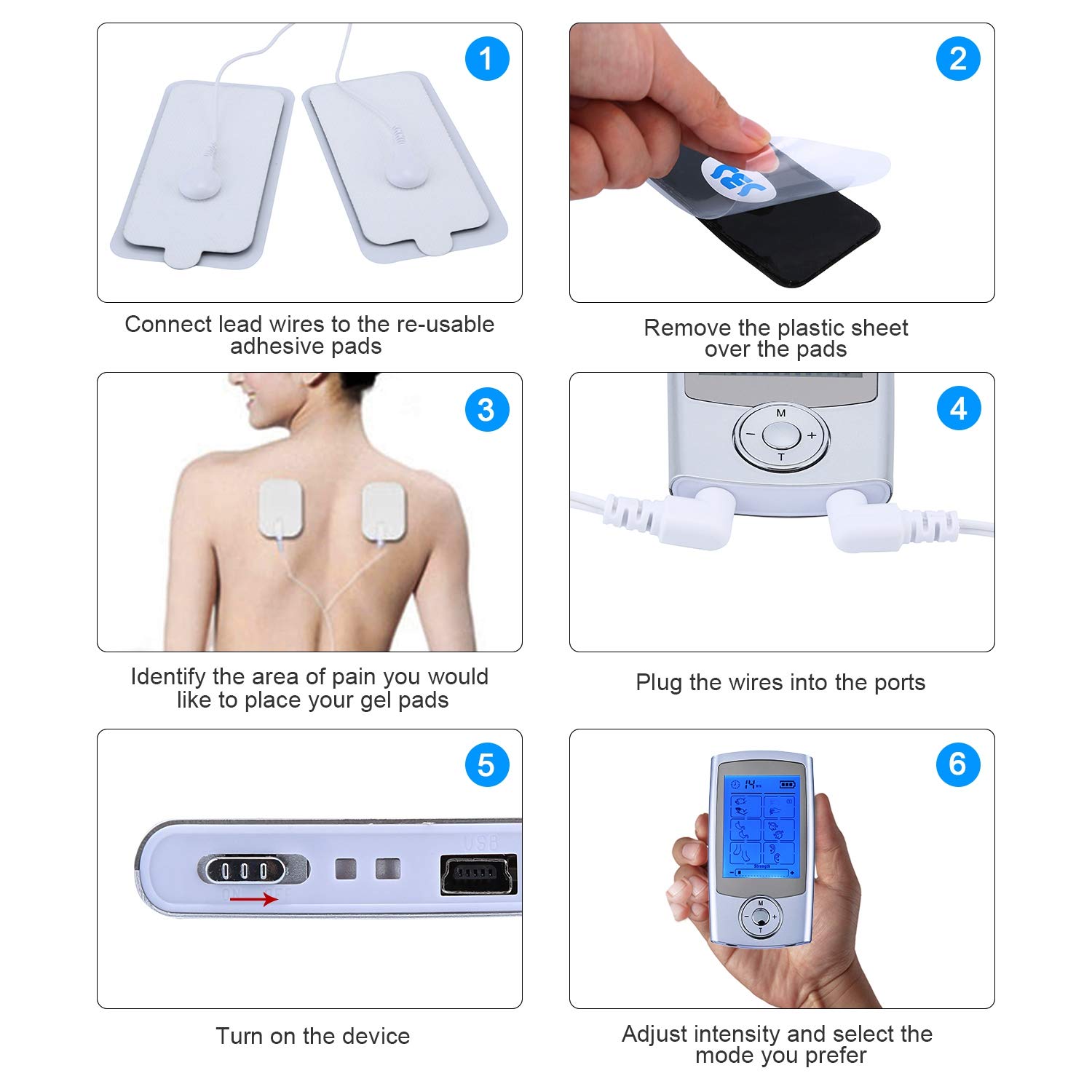 Électrostimulateur Tens Rechargeable Antidouleur Stimulateur Musculaire, Tens EMS Soulagement des Douleurs avec 16 Modes, 8 Électrodes et 20 Niveaux d’Intensité pour Massage Tension Musculaire