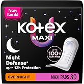 Kotex Overnight Maxi Pads, 39 Count | Period Pad, Xpress Dri Core, Night Defense, Back Barrier, Side Guards, Breathable Soft Touch Cover, Clean &amp; Dry Feel