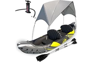 KEYSTONE PEAK KP Inflatable Kayak 2 Person with Sun Canopy (Detachable) + Kayaks for Adults + Waterproof Phone Bags + Adjustable Seats + 3rd Seat for Dog/Child + Backrests & More