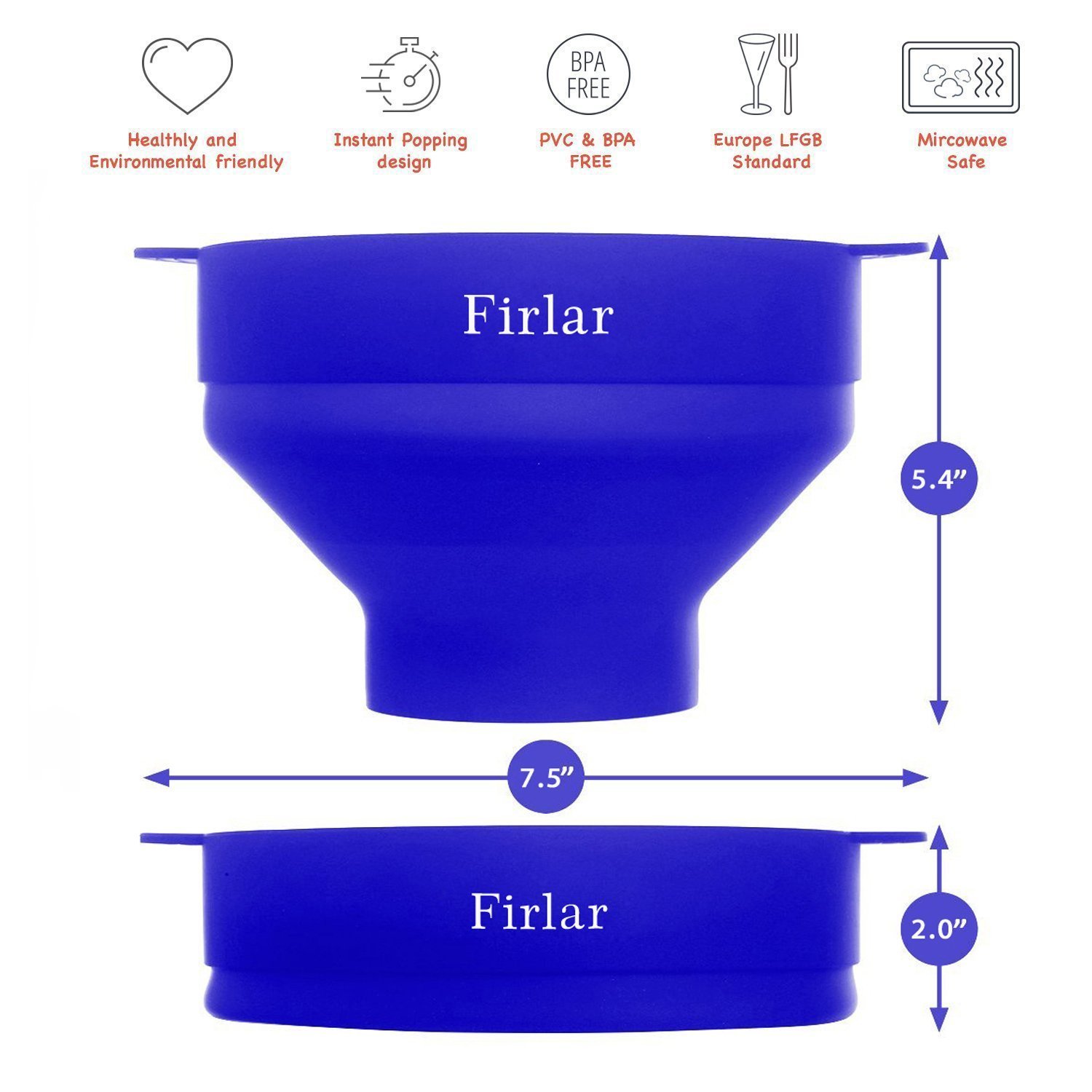 Firlar Microwave Popcorn Popper Sturdy Convenient Handles, Silicone Popcorn Maker, Collapsible Bowl with Lid (Blue)