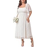 SCOMCHIC Women's Plus Size Wedding Guest Dress Formal Lace Square Neck Short Sleeve Smocked Flowy Cocktail Maxi Dresses