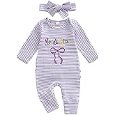 Santikisler Newborn Girl Mardi Gras Outfit Letter Bow Long Sleeve Romper Jumpsuit One Piece Clothes Headband