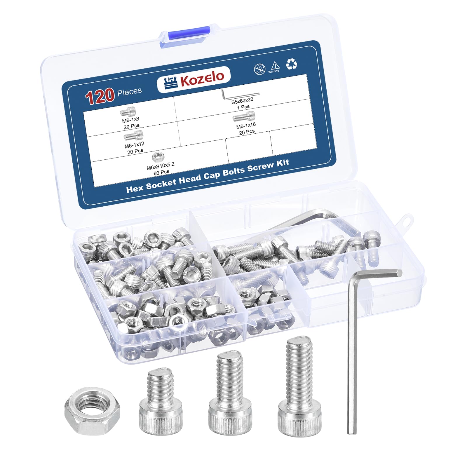 Kozelo 120pcs M6 Socket Head Cap Screws Bolts Nuts Assortment Kit - [M6x8/12/16mm] 304 Stainless Steel Allen Socket Drive for 3D Printer with Allen Wrench