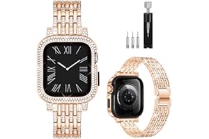 Omnillert Diamond Metal Band Compatible with Apple Watch Bands for Women 40mm 41mm 44mm 45mm, Charm Bling Jewelry Replacement Wristbands Bracelet Straps with Case for iWatch Series 9 8 7 6 5 4 SE SE2