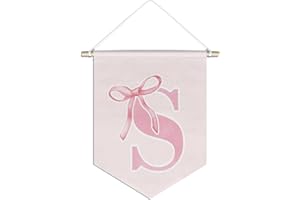 foedor initial Personalized Preppy Canvas Hanging Pennant Flag Banner, Coquette Pink Bow Teen Girl Gifts,Trendy Cute Monogrammed Gifts Wall Decor for Women Teen Girl Nursery bedroom(S)