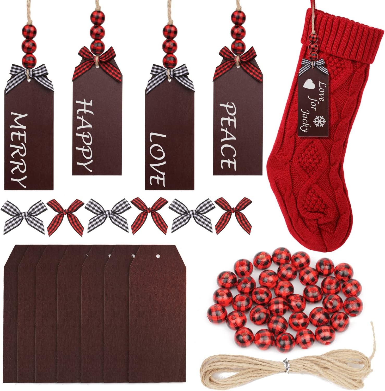 Stockings & Holders - CCINEE 12Pcs Christmas Wood Stocking Name Tags Unfinished Blank Wooden Tags Farmhouse Xmas Stocking Hanging Tag DIY Name Sign with Buffalo Plaid Bows and Beads for Christmas Stockings Tree Home Decor