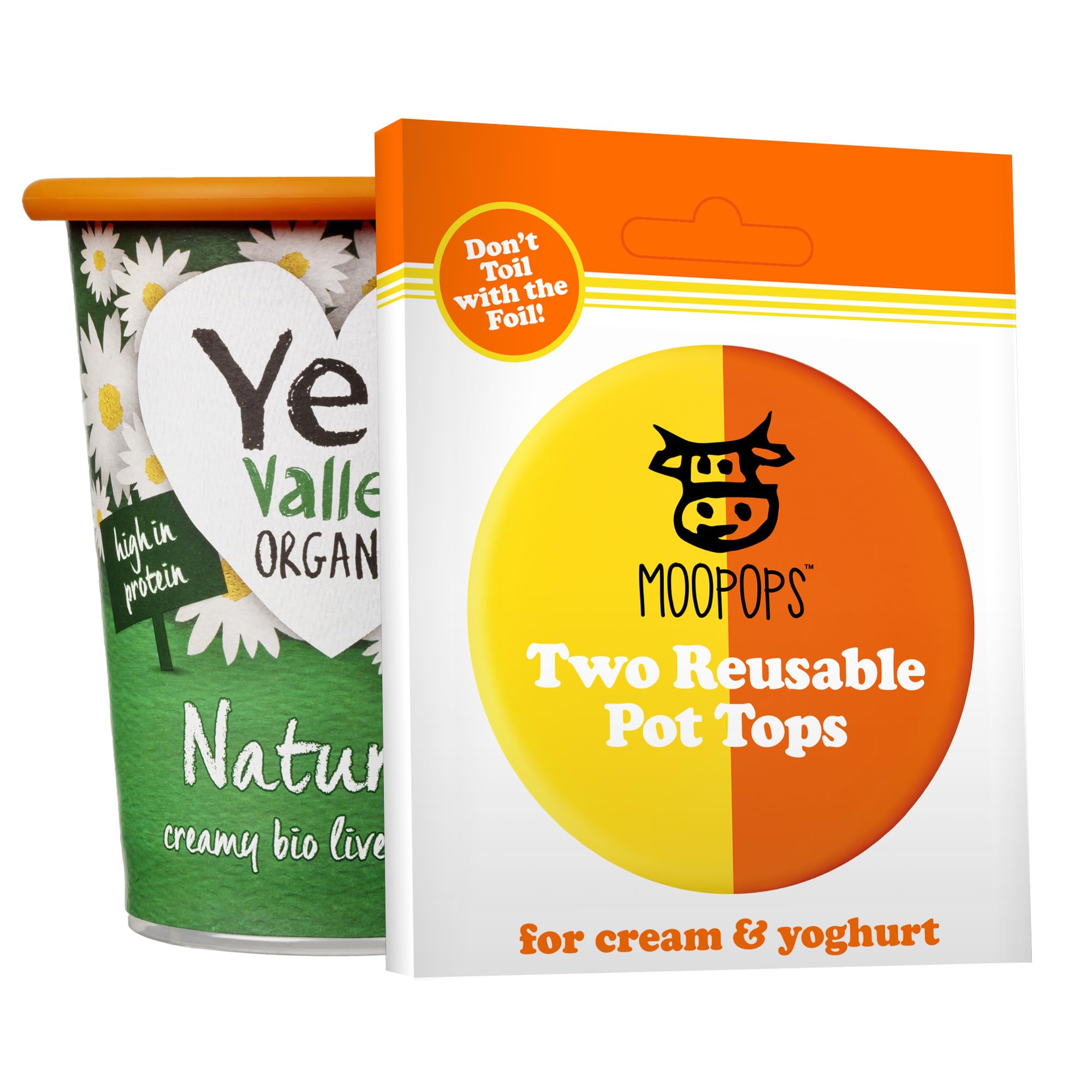 MOOPOPS - Large Pot Tops. 2 Reusable Silicone Lids Specifically Designed to Fit Standard Yoghurt and Cream Pots to Seal in Freshness - Bright (Orange and Yellow)