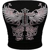 WDIRARA Women's Gothic Graphic Rhinestone Tube Top Strapless Grunge Punk Bandeau Crop Tops