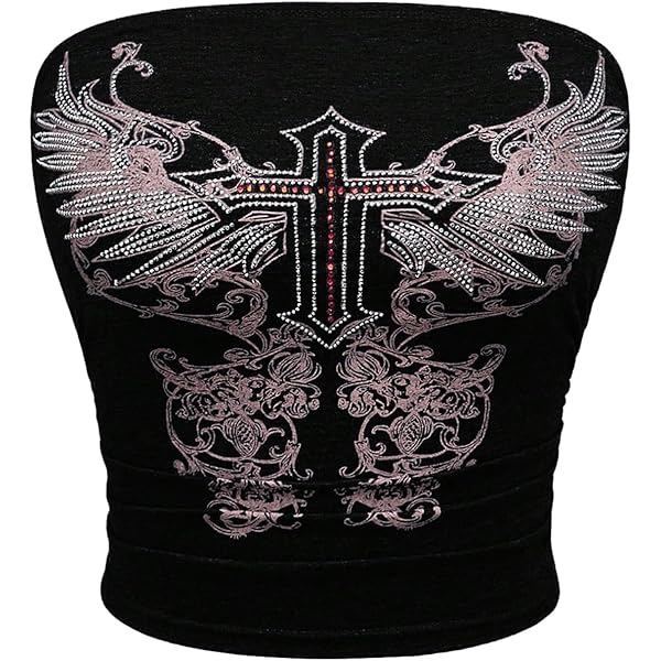 SHENHE Women's Strapless Rhinestone Cross Print Goth Punk