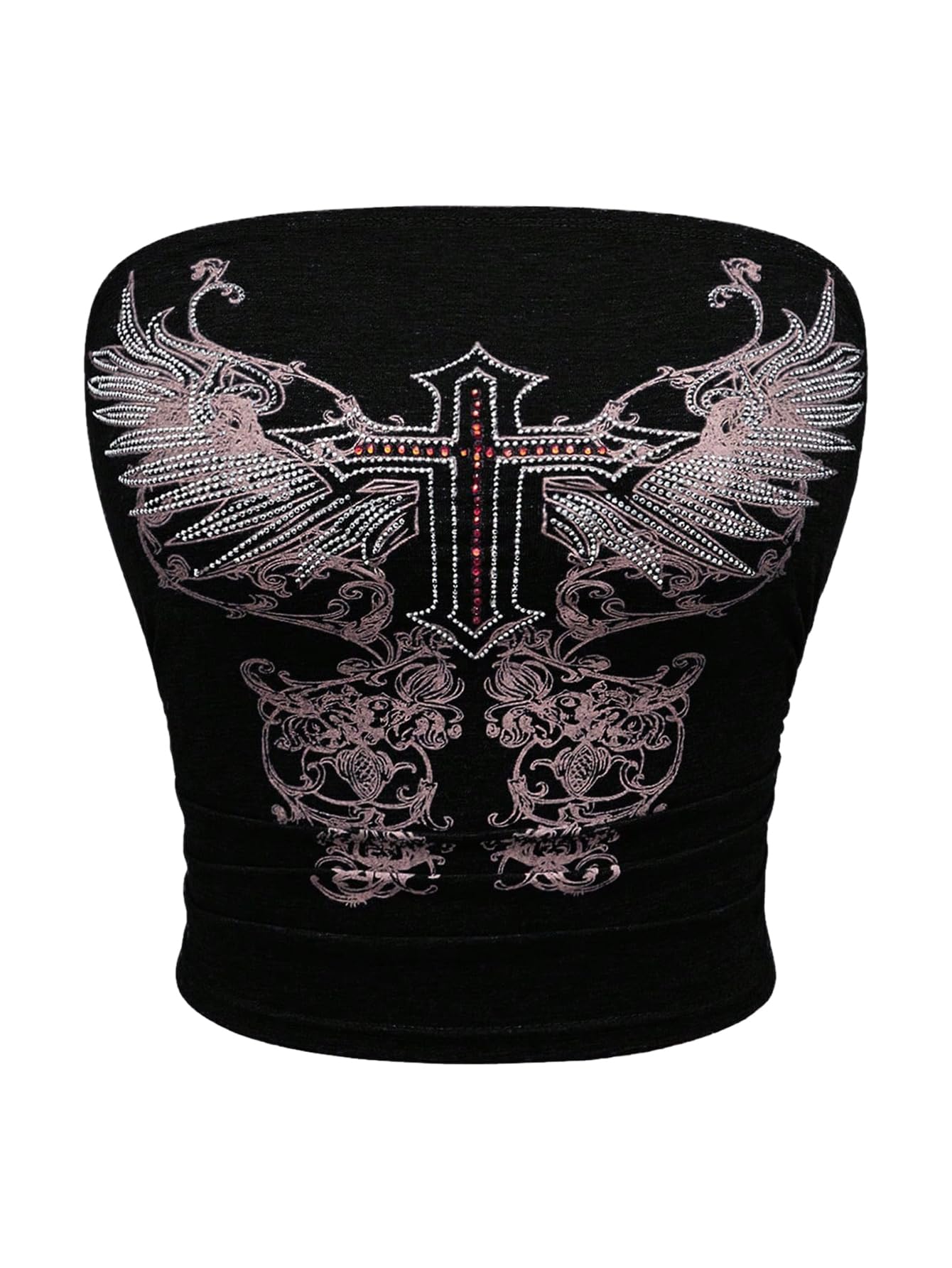 Photo 1 of WDIRARA Women's Gothic Graphic Rhinestone Tube Top Strapless Grunge Punk Bandeau Crop Tops Black Medium