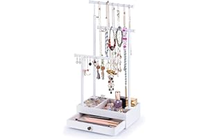 Love-KANKEI Necklace Holder Jewelry Tree Stand Adjustable Height with Large Storage for Necklaces Bracelets Earring Rings Drawer Jewelry Organizer Jewelry Display Gift White and White