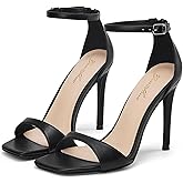 GENSHUO High Heeled Sandals for Women One Strap Heels with Square Open Toe 4 Inch Stiletto Ankle Strap Shoes Elegant Sexy Dress Wedding Party