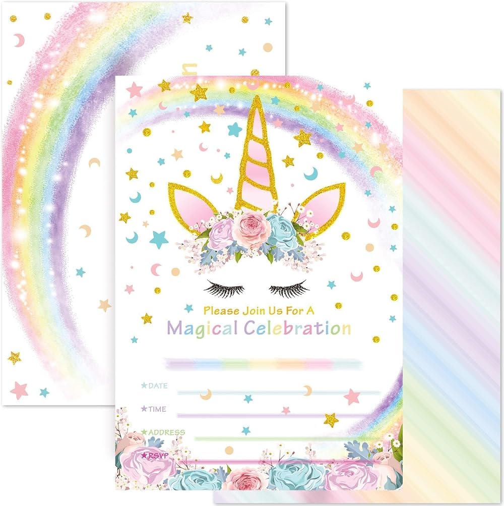 WERNNSAI Magic Unicorn Party Invitations with Envelopes 20 Cards 12.5x18 cm
