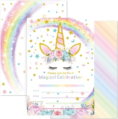 WERNNSAI Magic Unicorn Party Invitations with Envelopes 20 Cards 12.5x18 cm
