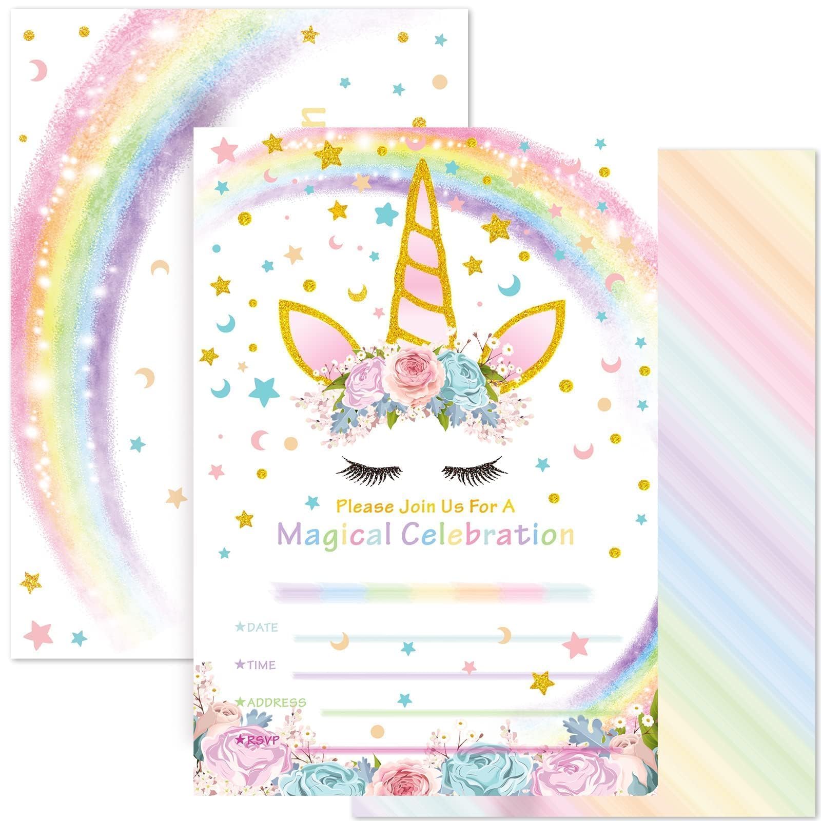 WERNNSAI Unicorn Party Invitations for Kids - 20 PCS Unicorn Birthday Party Invitations with Envelopes Kids Girls Party Invited Cards Unicorn Party Supplies Baby Shower
