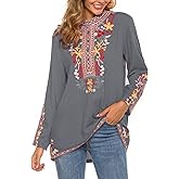 LauraKlein Embroidered Tops Long Sleeve Women's Mexican Boho Peasant Casual Loose Tunics Fall Blouse Shirts for Women