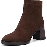 Bouwno Brown Suede Booties for Women Round Toe Block Chunky Heels Fall Booties Slip-on Ankle Short Boots with Zipper