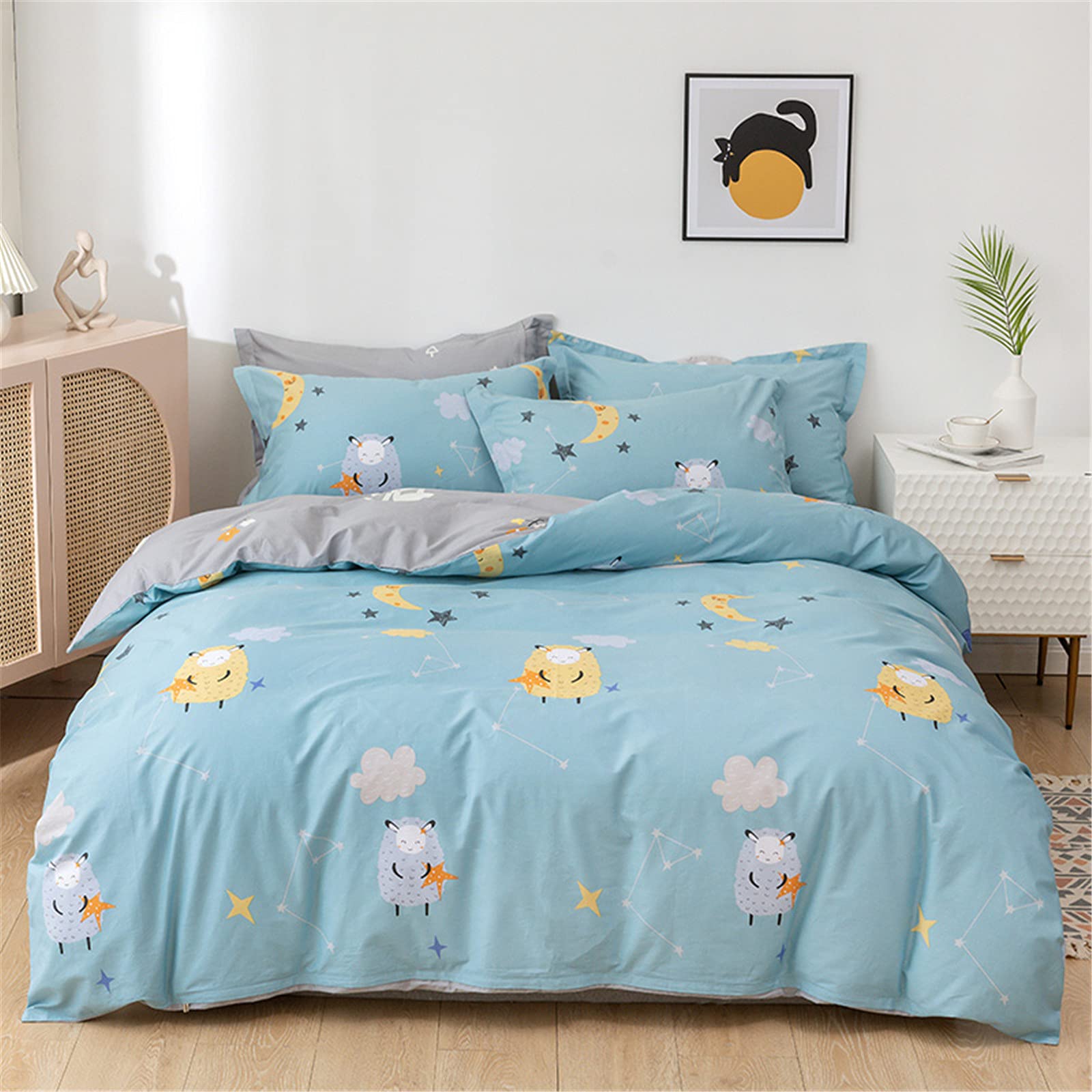 USTIDE Kids Duvet Cover Set 3 PCS Double Size Animals Sheep Print Bedding Cotton Star Moon Comforter Set Blue Gray Reversible Bedding Set Children Girls Boys Quilt Cover with 2 Pillowcases