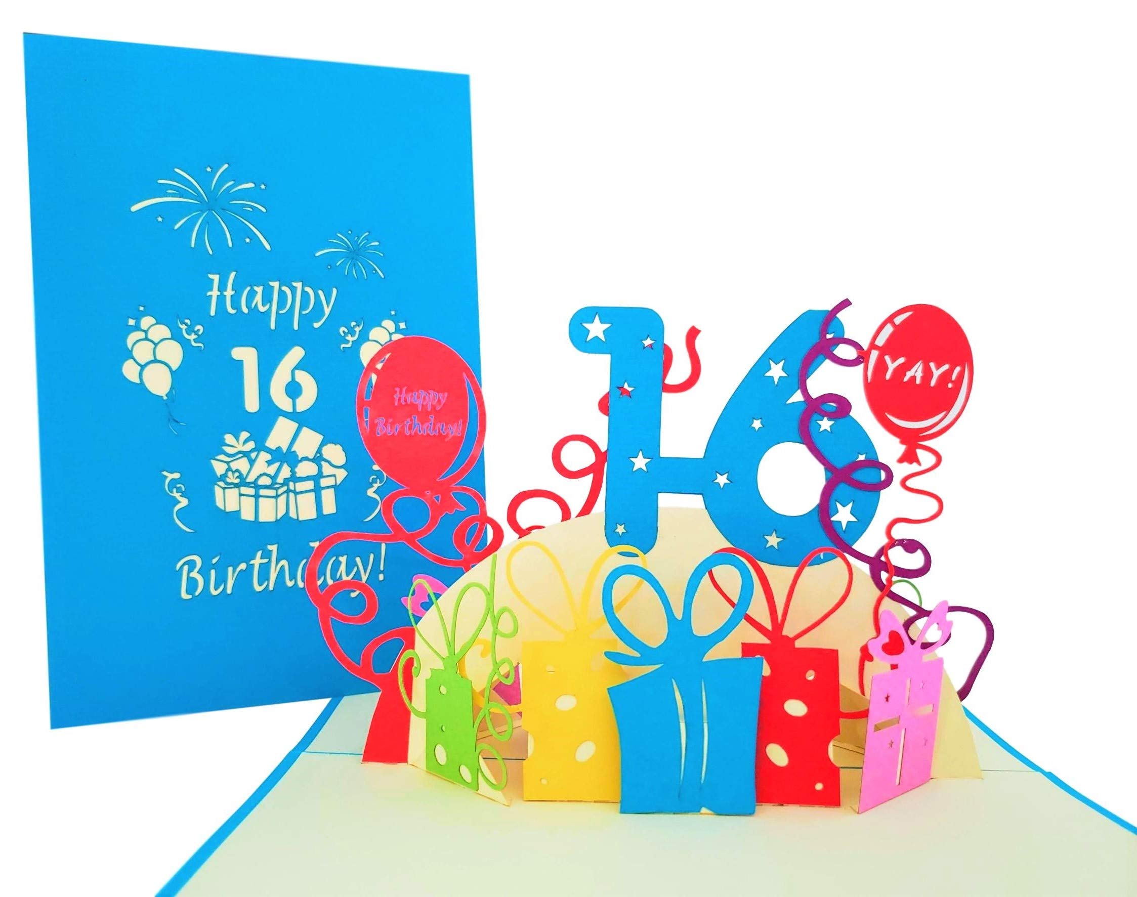 iGifts And Cards Happy 16th Birthday with Presents 3D Pop Up Greeting Card – Sweet Sixteen Granddaughter Gift, Awesome Unique 16 Grandson Present, Turning 16 Special Birthday Card For Son, Daughter