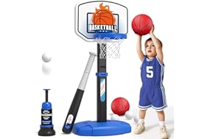 Wee Wonders 2 in 1 Toddler Basketball Hoop and T Ball Set with Automatic Pitching Machine - Adjustable Height, Kids Basketball Hoop Suit for Indoor/Outdoor, Sport Toys Gifts for Boys Age 3-5, Black