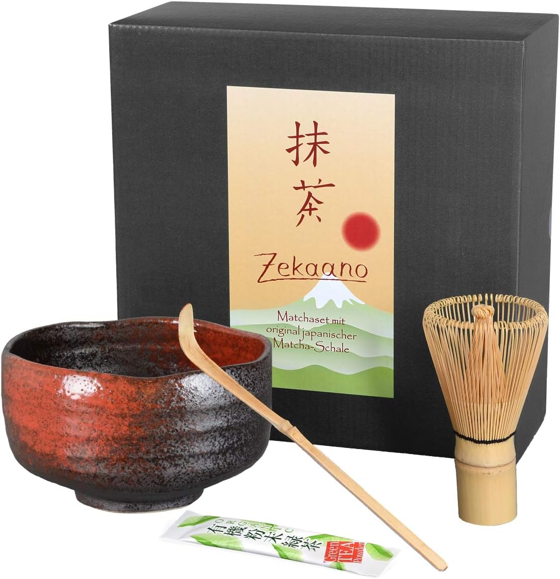Zekaano Original Japanese Matcha Bowl Chawan Matcha Set 500 ml with Matchabesen Chasen Bamboo Spoon Chashaku – Black/Red, Ø 13 cm, handmade