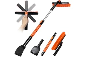 46" Large Ice Scraper, 3-in-1 Extendable Snow Brush for Car Windshield, Upgrade 360° Pivoting Brush Head with Silicone Grip f