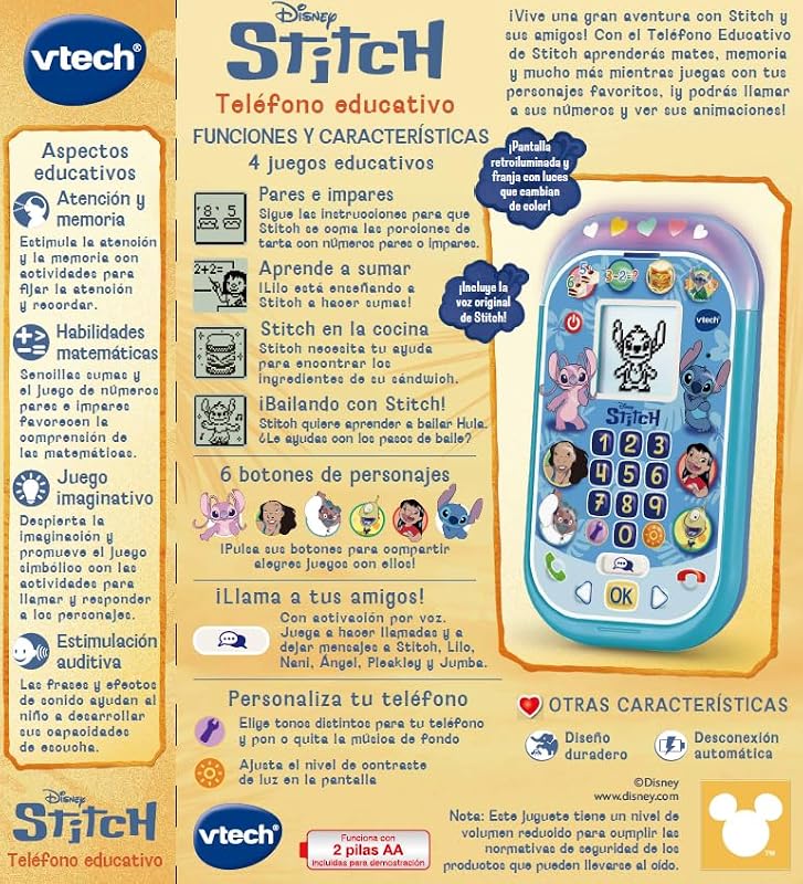 - Telefone educativo Stitch, brinquedos eletrónicos para crianças +4 anos, ecrã LCD, tira de luz, minijogos de matemática, voz original, teclado e chamadas, versão ESP