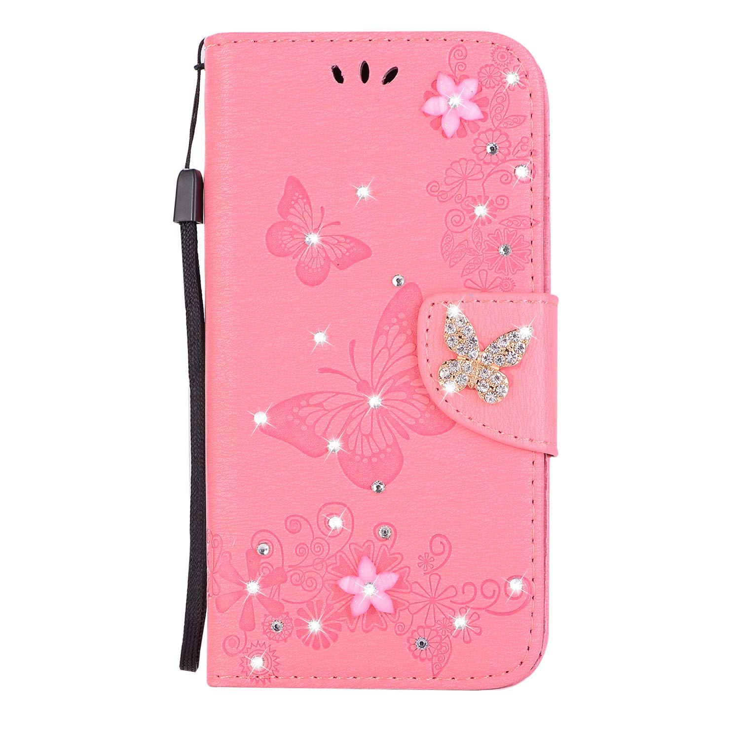 Mo-Somnus For iPhone XR Case [Free Tempered Glass Screen Protector], Bling Sparkly Diamonds Gems Butterfly Design PU Leather Flip Wallet Case Cover For iPhone XR (2018) - 6.1" (Pink)
