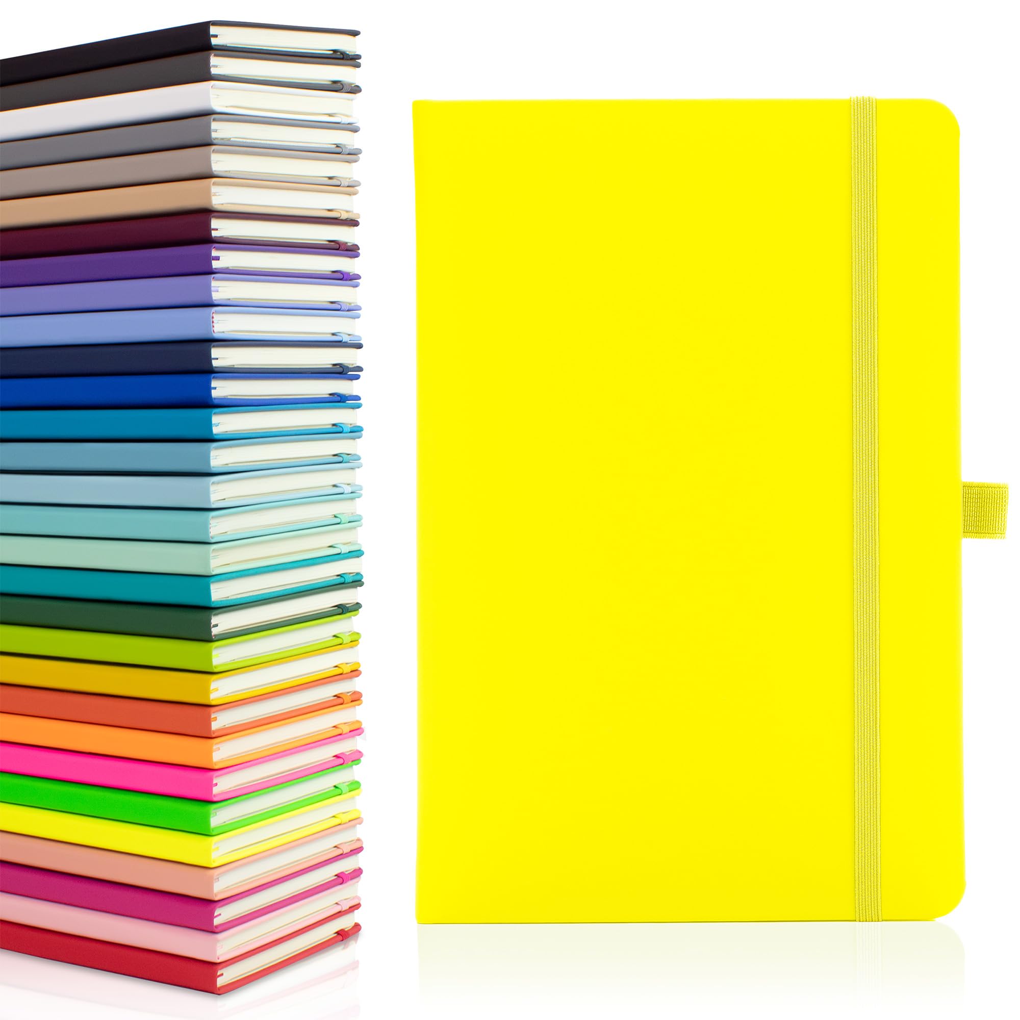 Notes London Eco A5 Notebook with Lined Pages, Pen Loop, Ribbon, Date Marks and Paper Pocket, Medium Hardback Journal, Note, fluorescent, sustainably sourced paper (Neon Yellow)