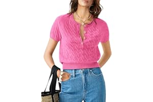 Yousify Short Sleeve Sweaters for Women Trendy 2024 Summer Spring Tops Crewneck Button Up Blouses S-2XL