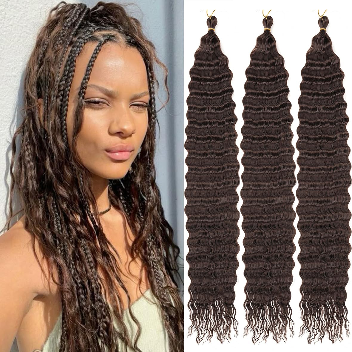 Kachanaa 24 Inch Pre-Separate Deep Wave Braiding Hair Extensions for Goddess Braids 3 Pack Synthetic Crochet Braiding Hair for Boho Box Braids Black Ocean Wave Crochet Hair /4# โ image 1