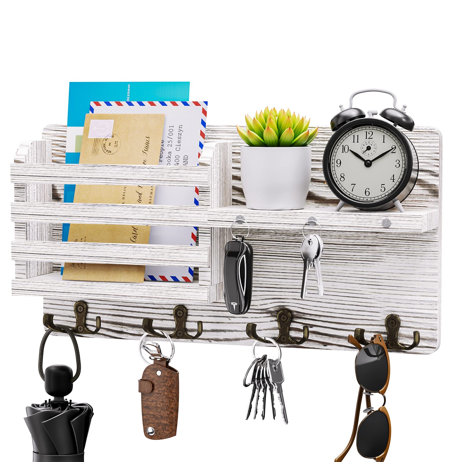 SWTYMIKI Key Holder for Wall White, Wooden Key Hooks with Shelf and 4 Double Hooks, Wall Mounted Key Holder for Entryway, Mudroom, Hallway, Bedroom, Living Room, Install with Screws