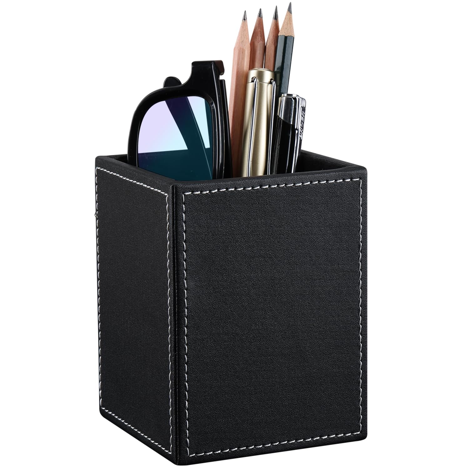 Photo 1 of KINGFOM PU Leather Square Pens Pencils Holder Cup Desktop Stationery Organizer Case Office Accessories Container Box (black)