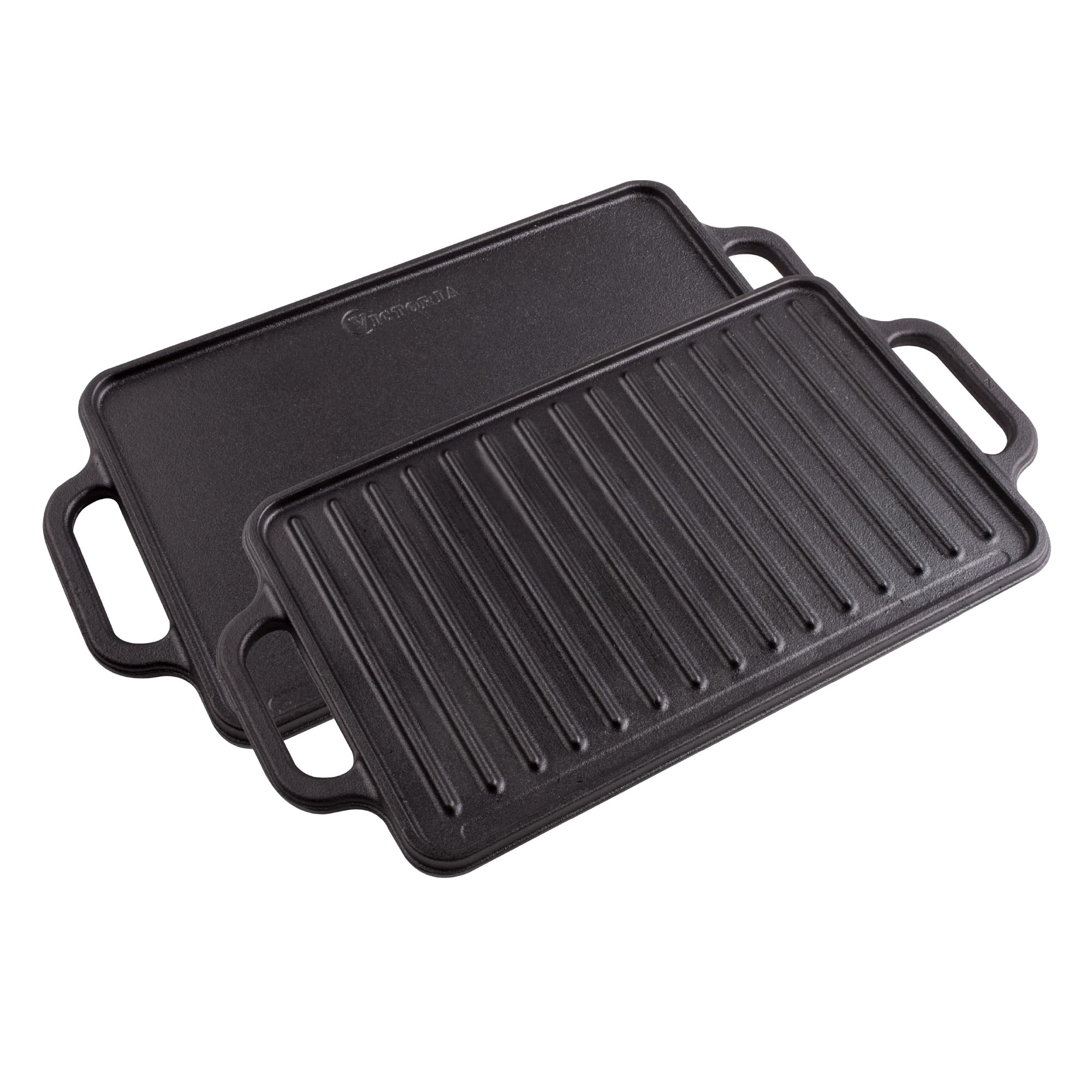 Photo 1 of Victoria Rectangular Cast Iron Griddle. Double Burner Griddle, Reversible Griddle Grill, 13 x 8.5 Inch, Seasoned with 100% Kosher Certified Non-GMO Flaxseed Oil, Model: GDL-189