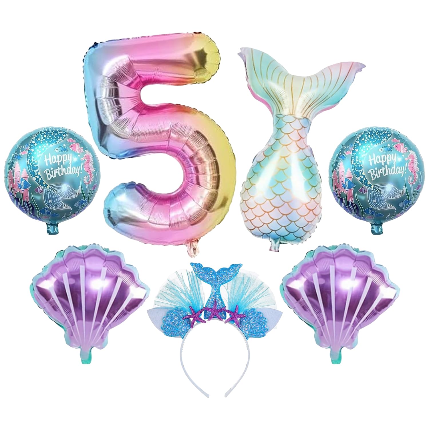 MXGHWG 6 Pieces Of Mermaid-Themed Balloons And 1 Piece Of Hair Band, 5Th Birthday Decoration, Color Party Decoration, Holiday Birthday Matching, Children'S Theme Decoration Items.