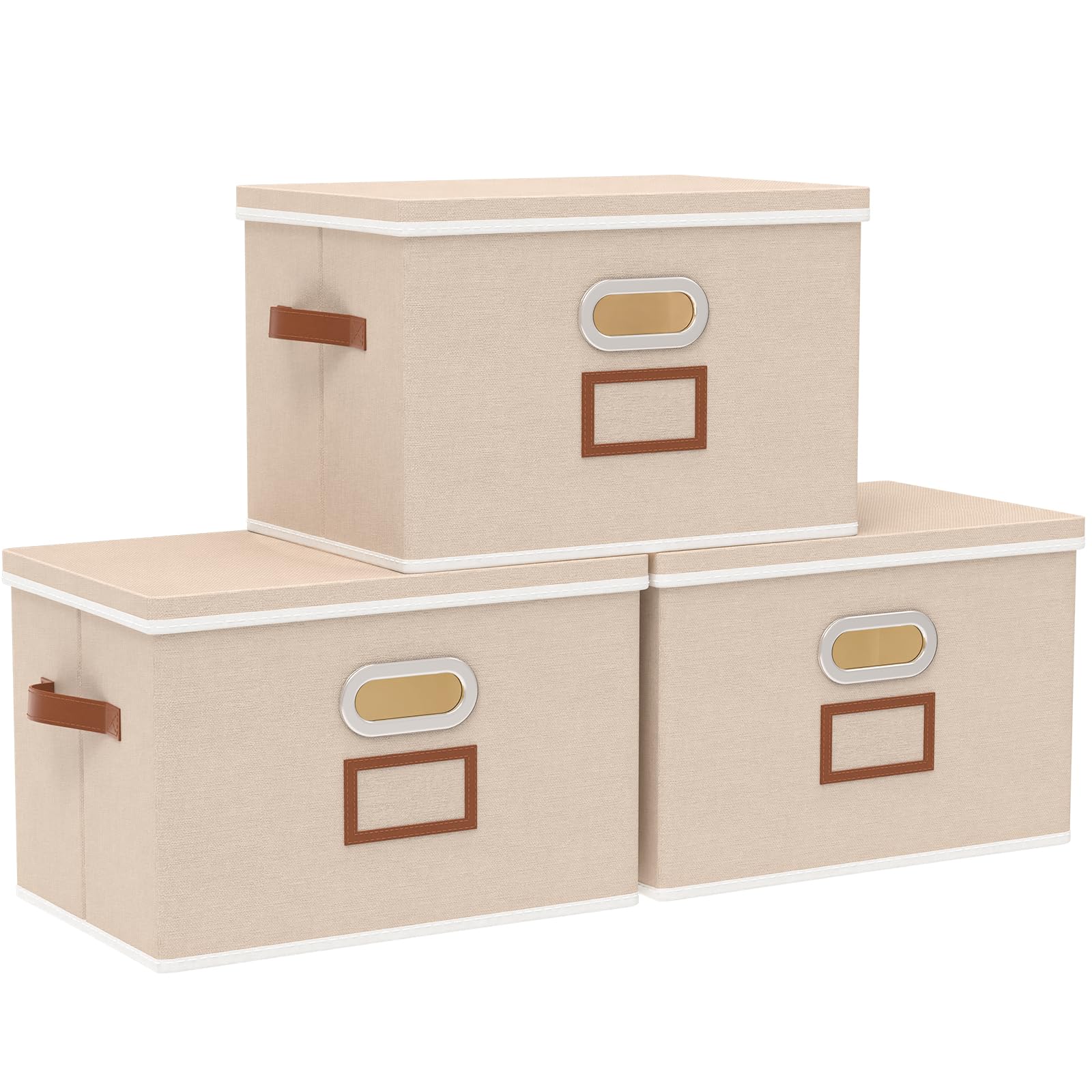 OUTBROS Fabric Storage Bins with Lids, Foldable Baskets for Shelves, Wardrobe Organiser, Cubic Boxes with Handle, 45 x 30 x 30 cm, Beige, 3-Pack — image 1