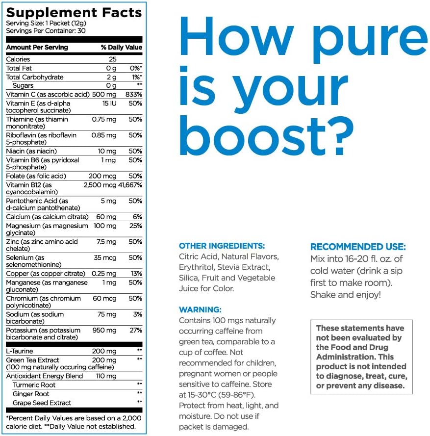 Pureboost Clean Energy Drink Mix + Immune System Support. Sugar-Free Energy with B12, Multivitamins, Antioxidants, Electrolytes (Combo Pack, 30 Stick Packs): Health & Personal Care