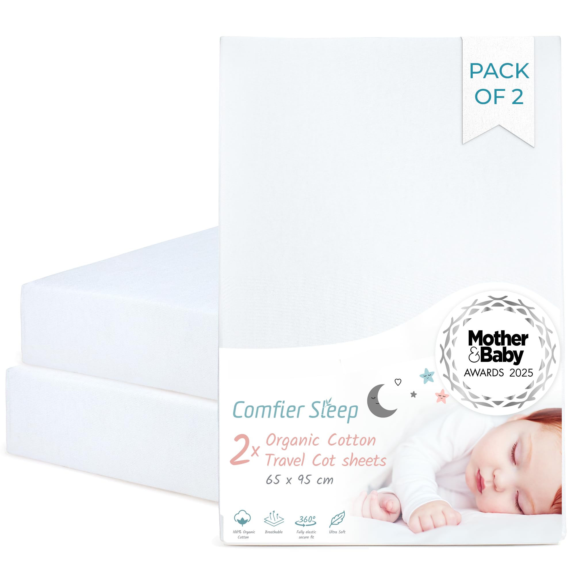 White Travel Cot Fitted Sheet – 2 Pack Organic Cotton Travel Cot Sheets 95x65 cm – Ultra Soft and Breathable Sleep Sheets