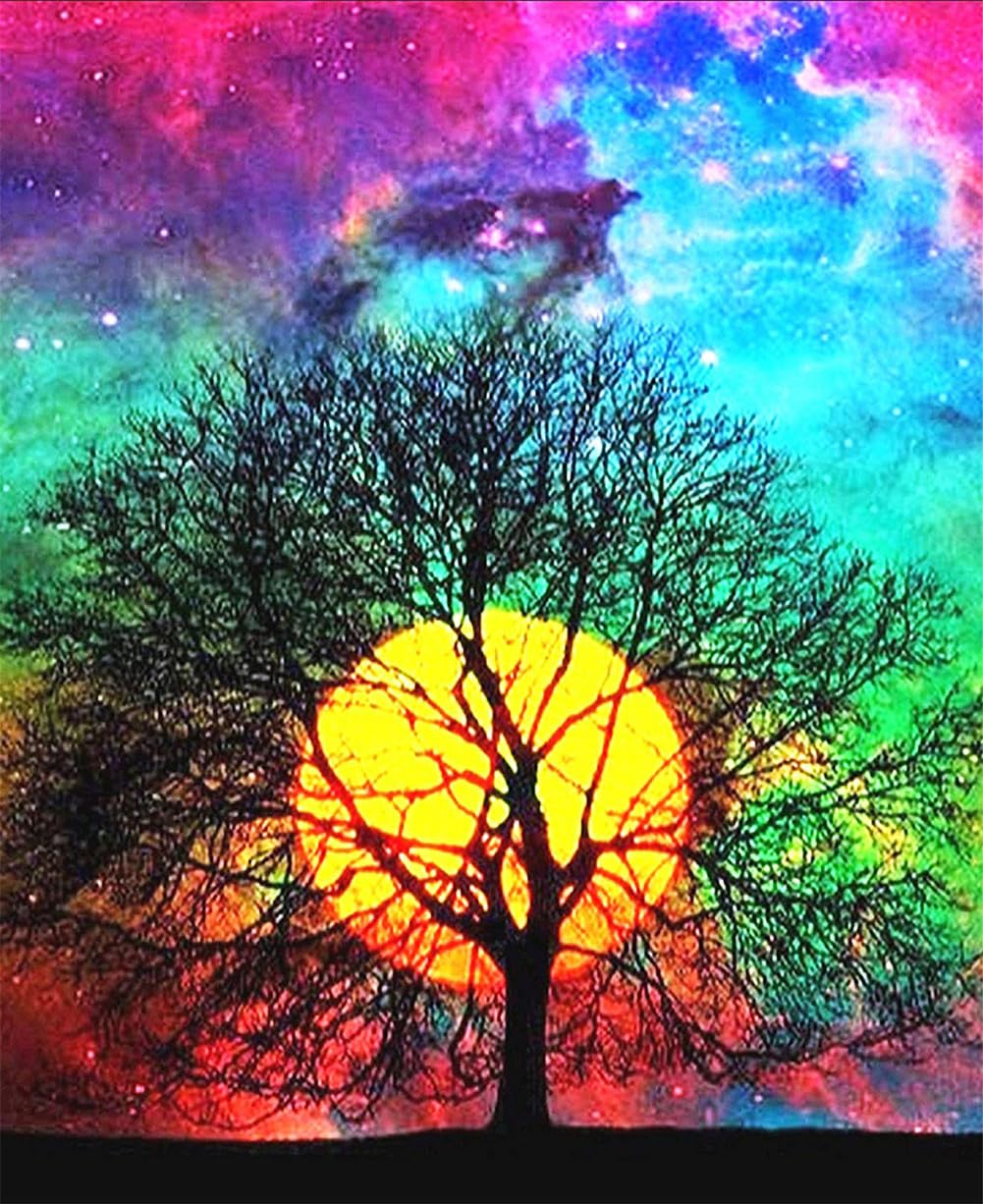 YEESAM Art Cross Stitch Kits for Adults 11CT 36X46CM Sky Printed Cross Stitch Kits with Tree of Life and Moon Colorful Sky Printed, Stamped Embroidery Kits for Adults Wall Art Home Decoration