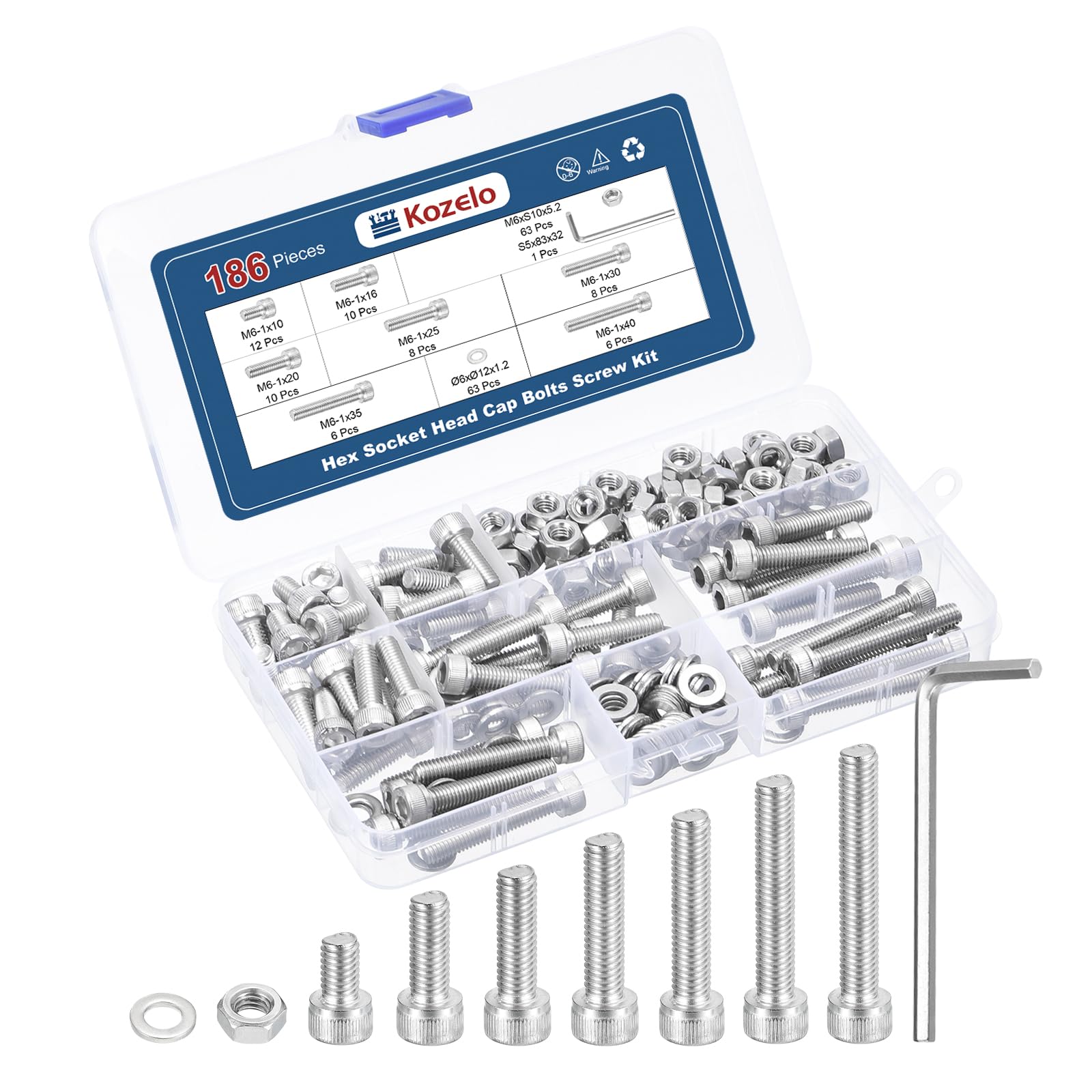 Kozelo 186pcs M6 Socket Head Cap Screws Bolts Nuts Assortment Kit - [M6x10/16/20/25/30/35/40mm] 304 Stainless Steel Allen Socket Drive for 3D Printer with Allen Wrench
